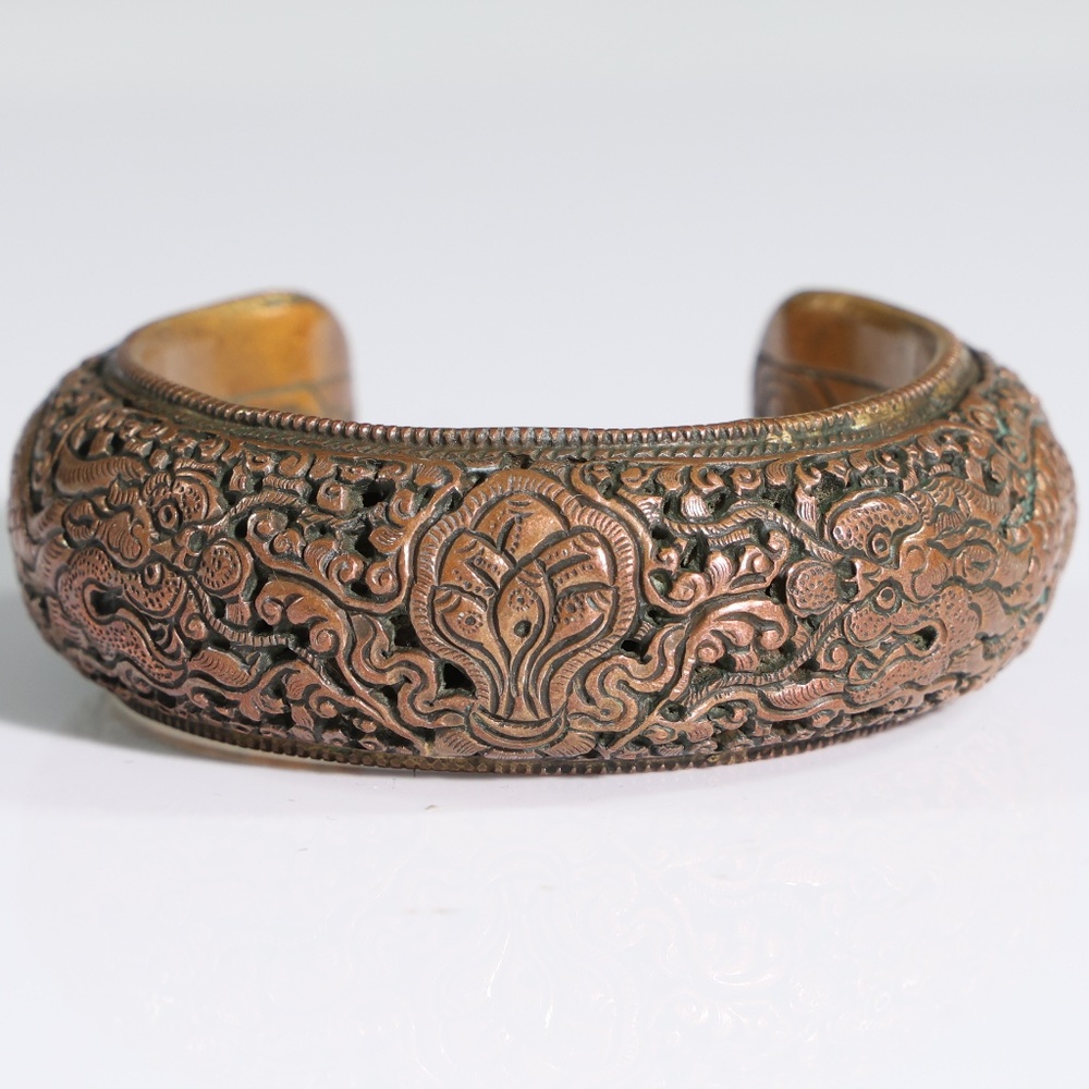 Vintage Dragon Leaf Pattern Copper Cuff Bracelet - image 1